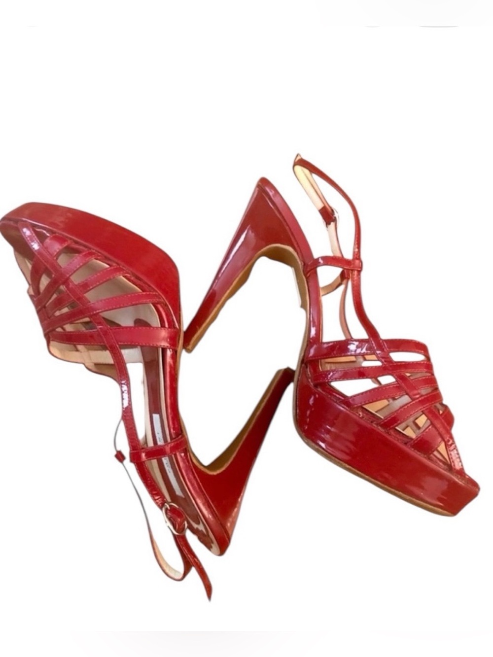 POLLINI Italy Red Patent‎ Leather Sling Back Open Toed Stiletto Heels, 37/7